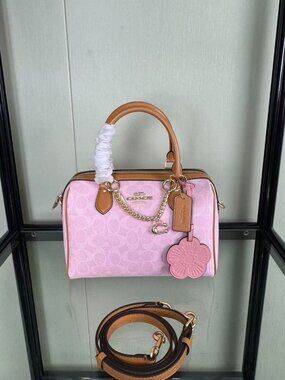 Coach Pink Signature Mini Rowan Satchel with Floral Charm